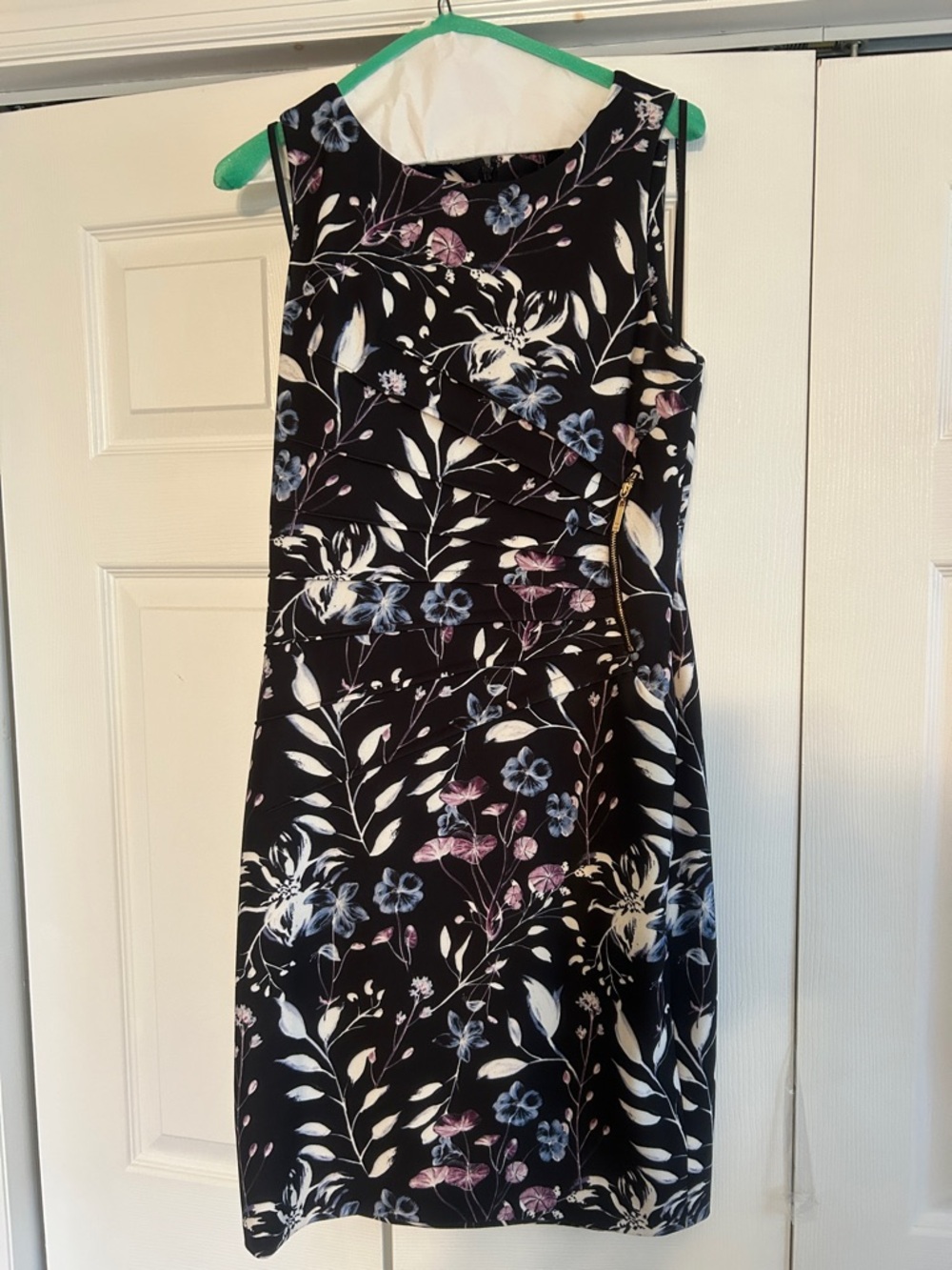 Ivanka Trump Black Floral Sheath Midi Dress with Blue and Pink Blossoms